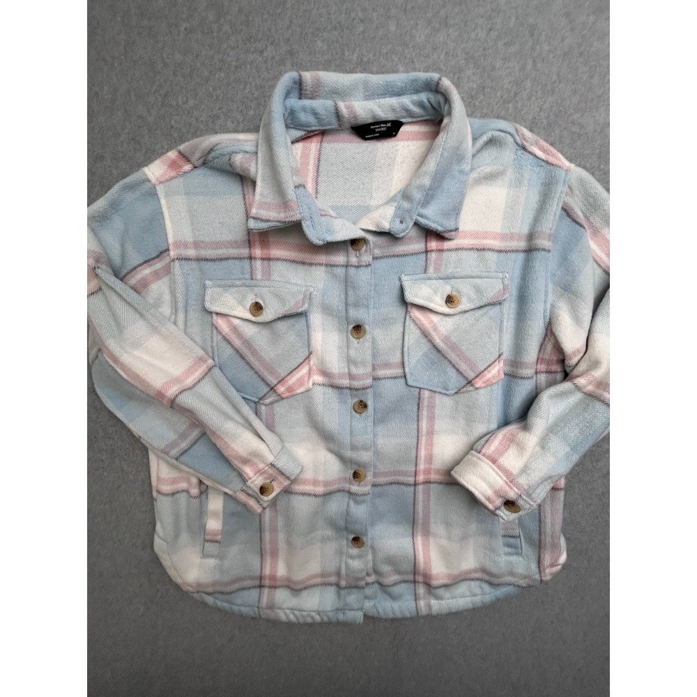 Members Mark Plaid Fleece Shacket Light Blue Pink White XL Shirt Jacket
